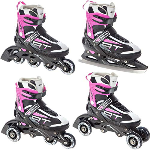 RAVEN Profession 4in1 Inlineskates Triskates Rollschuhe Schlittschuhe Inliner für Kinder und Erwachsene verstellbar (Black/Pink, 31-35 (20,5cm-23cm))