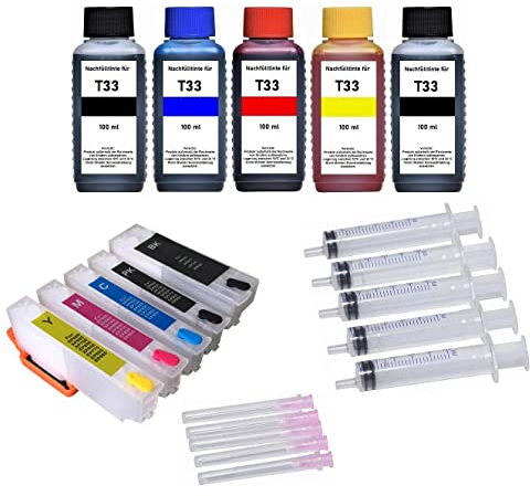 Wiederbefüllbare Patronen mit Auto-Reset-Chips kompatibel mit Epson T33 XL und 5 x 100 ml Nachfülltinte für Expression Premium XP-530, 540, 630, 635, 640, 645, 830, 900, 7100