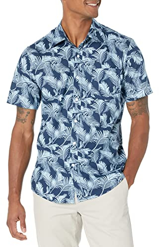 Amazon Essentials Herren Schmal Geschnittenes Bedrucktes Hemd Mit Kurzen Ärmeln Und Knopfleiste, Marineblau Palmenwedel, M