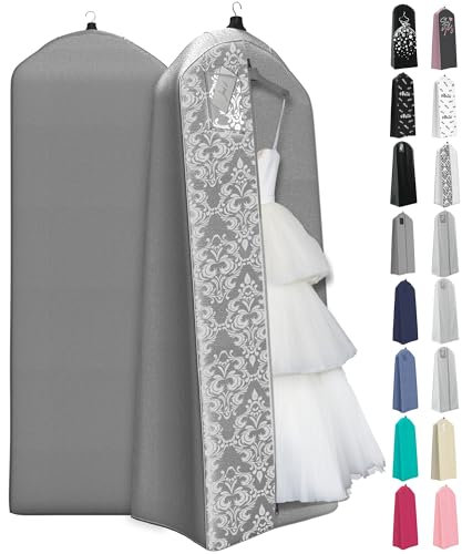 Kleidersack für Hochzeitskleid, mit Zwickel, für lange Puffkleider, 183 x 61 cm, 50,8 cm Zwickel, Grau mit weißem Damast