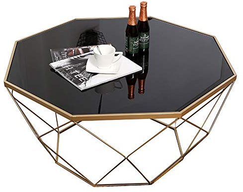 Table Basse Salon Table Basse de Salon Art déco en Fer forgé doré octogonal, comptoir en Verre trempé Noir, Disponible en 3 Tailles