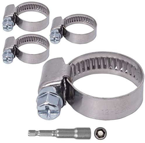SKIR'CO Paquete de 4 abrazaderas de manguera ajustables de acero inoxidable de 12 a 22 mm, clips de manguera, abrazadera de tubo (4 piezas, con broca hexagonal magnética)