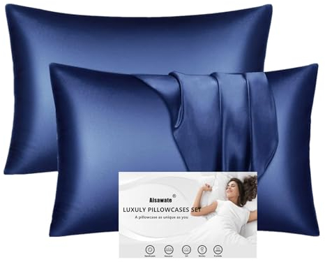 2er Pack Satin Kissenbezug für Haar und Haut, 100% Seidig Luxus Satin Kissenhülle mit Hotelverschluss, Dunkelblau Kopfkissenbezug Weich und Atmungsaktiv Kissenbezüge 40 x 60 cm