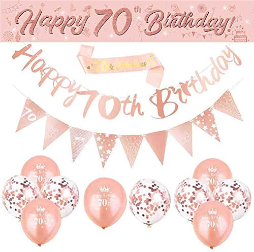 DEARLIVES 14 pcs 70th Happy Birthday decors,Rose Gold 70th Birthday Party Supplies Including Happy 70th Birthday Banners Straps Triangle Flag Bunting Confetti Latex Balloons (70th Birthday), Medium