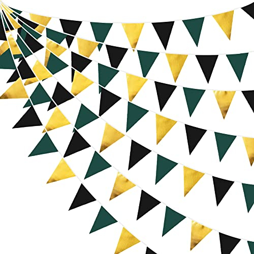 32Ft Dark Green Gold Black Bunting Banner Party Decorations Fabric Triangle Flag Pennant Garland Streamer for Birthday Wedding Jungle Games Theme Baby Bridal Shower Engagement Graduation Hanging Decor