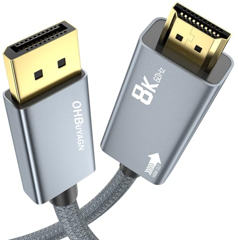 OHBUYAGN 8K DisplayPort auf HDMI Kabel, DP 1.4a zu HDMI 2.1 Vergoldete Adapter mit 8K@60Hz 4K@120Hz 2K@240Hz, HDR, FreeSync, VRR, Dolby, HDCP 2.3 für TV, Projektor, Monitor, NVIDIA Grafikkarten (3M)