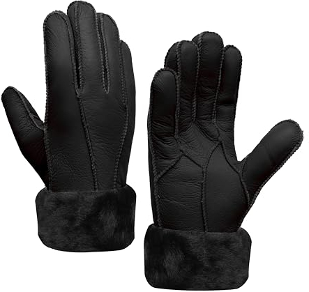 MGGMOKAY Damen Lederhandschuhe Schaffell Handschuhe aus Shearling Warme Winterhandschuhe,Schwarz,XL