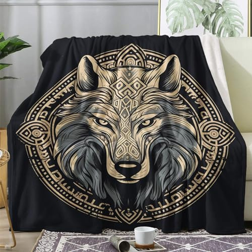Kuscheldecke Flauschig Wikinger, Große Decke Fleecedecke 220x240 Wolf, Flanell Sofadecke Blanket XXL, Wohndecke Schlafdecke Winter Warm Weich, Deko Decken für Couch Bed