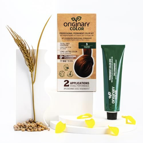 Originary Color - Kit de Coloración Profesional Permanente, Color 5 Castaño Claro 100 ml + Crema Oxidante 100 ml + Champú 30 ml | Fórmula sin amoniaco y sin PPD.