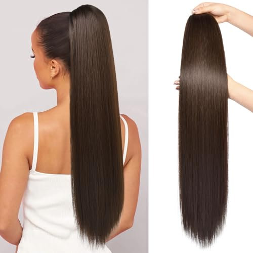 REECHO Pferdeschwanzverlängerung, 28 lange gerade Kordelzug Pony Haarverlängerung Synthetischer Pferdeschwanz Haarteil für Frauen - Schokoladenbraun