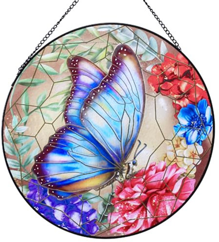 RIVEENY Papillon en verre teinté à suspendre, 25,4 cm, attrape-soleil, cadeau pour femme, décoration de fenêtre pour les amateurs de papillons de jardin