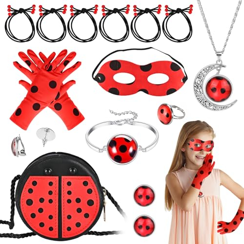 Tigvio 14 Stück Ladybird Kostüm Set, Ladybird Maske Handschuhe Tasche Ladybird Schmuck Set Ladybird Kostüm Kinder, Ladybird Kostüm Mädchen Cosplay Fasching Ladybird Spielzeug