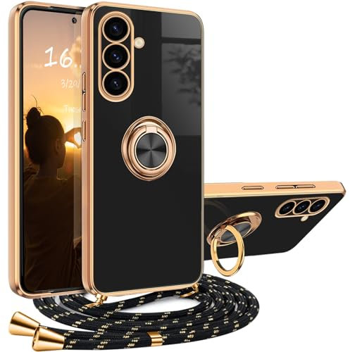 Handykette Samsung Galaxy S24 Hülle mit Band Samsung Galaxy S24 Handyhülle mit 360 Grad Ring Ständer Luxuriös Galvanisierte Kratzfest Schutzhülle Silikon Case Bumper Stoßfest Dünn Hülle mit Kette