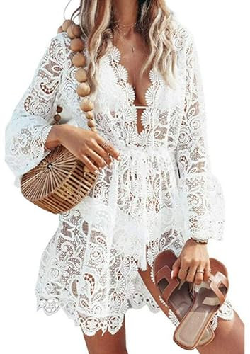 Qianderer Women Lace Cover Up Beach Dress Swimsuit Cover Up Hollow Out Swimwear Beach Bathing Suit Bikini Coverups Beachwear (Ba White, M)