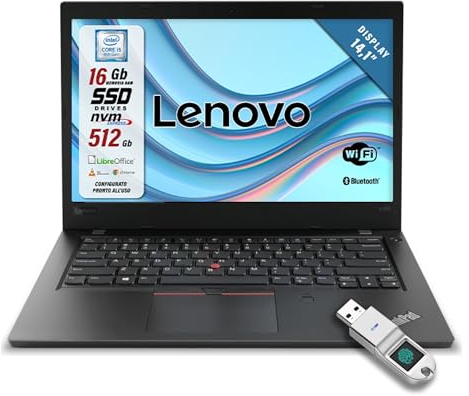 Lenovo ThinkPad, Pc portatile Intel i5-8250U Pronto All'Uso con Libre, Notebook Con Display da 14,1, Ram 16Gb, SSD 512Gb, W10, Tastiera QWERTY + Chiavetta FingerPrint (Ricondizionato)