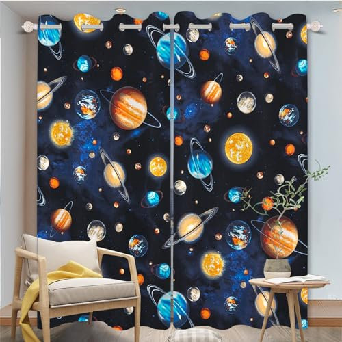 FABTOP Galaxy Planet Verdunkelungsvorhänge, Weltraum-Vorhänge, Planet, Erde, Galaxie, Sternenhimmel Blickdichte Vorhänge, Sonnensystem Planet Vorhänge Jungen (2,100×140BxH (50×140cm×2))
