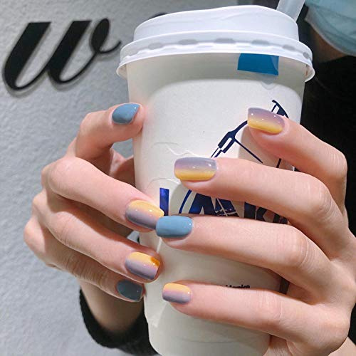GeRRiT HUJL Faux Ongles Faux Ongles Dégradé Macaron Bleu Violet Jaune avec Ongles Amovibles Fini Faux Ongles Autocollants