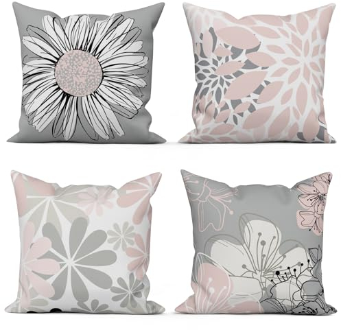 ASDCXZ Set di 4 federe per cuscino con rosa, 40 x 40 cm, moderne, colore grigio, motivo floreale, per divano, lavabile, in poliestere, lino, per esterni