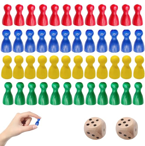 Pennle 50 Pcs Wooden Pawns Board Game Pieces Multicolor Pawns Board Game Pawns Replacement with 2pcs Dice Ideal for Tabletop Markers Chess Pieces Flight Chess and Other Gaming Accessories