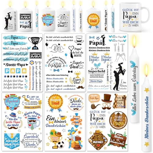 DPKOW 6 Blatt Beste Papa Kerzentattoos, Papa Wasserschiebefolie Kerzen, Vatertag Kerzen Tattoo Folie Beste Papa der Welt, Vatertag kerzensticker Geburtstag Papa Geschenk, DIY Kerzen Deko mit Spruch