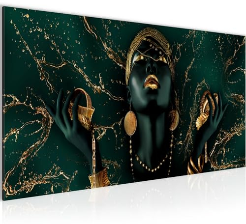 Runa Art Wandbild Afrikanisсhe Frau 100 x 40 cm Modern Bild auf Vlies Leinwand Grün Gold Fashion Wohnzimmer Schlafzimmer 045412c