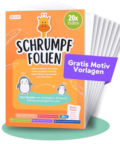 molinoRC Schrumpffolie zum Bemalen 20x A4 [mit GRATIS Vorlagen-Download] - matt transparent - Schrumpffolie Set - erhärtet glatt und gleichmäßig - Shrink Plastic Sheets