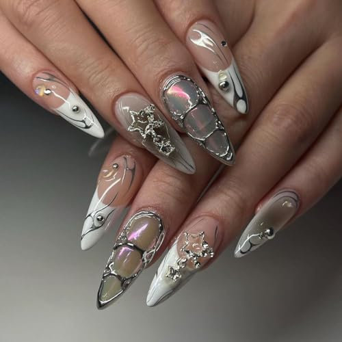 MouyouGlow Press on Nails Kurz,Almond Nude Weiß French Verlauf Schwarz 3D Chrome Stars Silber Feuer Rhinestones Cool Y2K Coquette Gothic Fake Nails,Fantasy Grey Künstliche Fingernägel