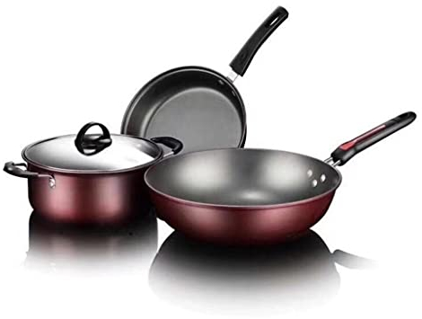CRBUDY Cooking Pot, Frying Pan,3Pcs Kitchen Cookware Set Non-Stick Cookware Frying Pan & Pan Saucepan with Glass Lid Home Vision