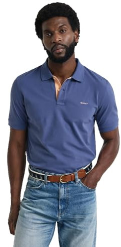 GANT Men's Reg Contrast Pique LS Rugger Long Sleeve Polo Shirt with Contrast Logo, Dusty Navy, L
