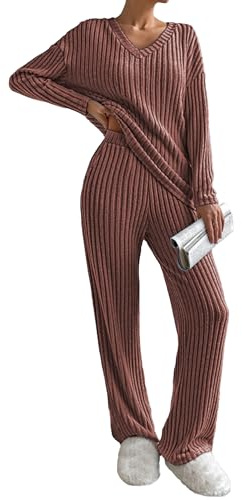 Famulily Womens Lounge Wear Sets V Neck Jumpers and Trousers, Ladies Tracksuits Travel 2 Piece Outfits Wide Leg Loungewear Winter Pyjamas Leisure Suits (L, Red)