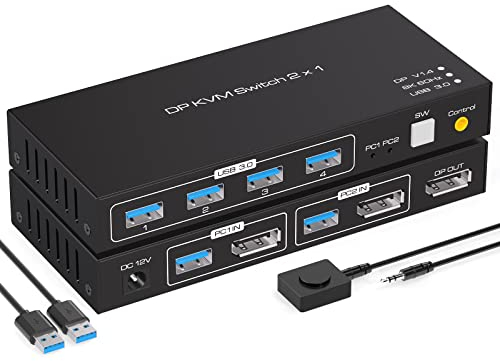 VPFET 4K120Hz KVM Switch DisplayPort 8K60HZ DP 1.4 Switches für 2 PC 1 Monitore mit 4 Port USB 3.0 Inklusive Desktop Steuerung und 2 USB 3.0 Kabel
