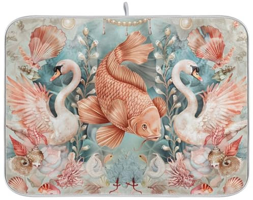 Dish Drying Mats for Kitchen Counter, Large Microfiber Dish Drying Mat 45x60 Fish Swan Sink Drainer Absorbent Coffee Machine Protector Mat