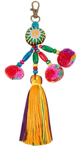 Beebeecraft Boho Schlüsselanhänger Bunt Quaste Taschenanhänger Pompom Holzperle Mit Drehverschluss Anhänger Dekoration Hängeornament Für Frauen Geschenk
