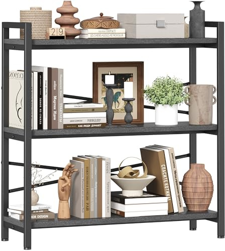 Bücherregal, 3 Etagen, grau, 80 cm Breite, Bücherregal, Aufbewahrung und Organisation, industrielles Bücherregal aus Holz und Metall, große Bücherregale für Zuhause, Wohnzimmer, Schlafzimmer, Büro,