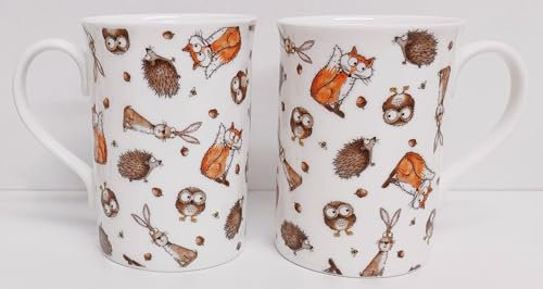 Rainbow Decors Woodland Friends Mugs Set of 2 Bone China 300 ml Windsor Cute Fox Hare Hedgehog Owl Hand Decorated UK