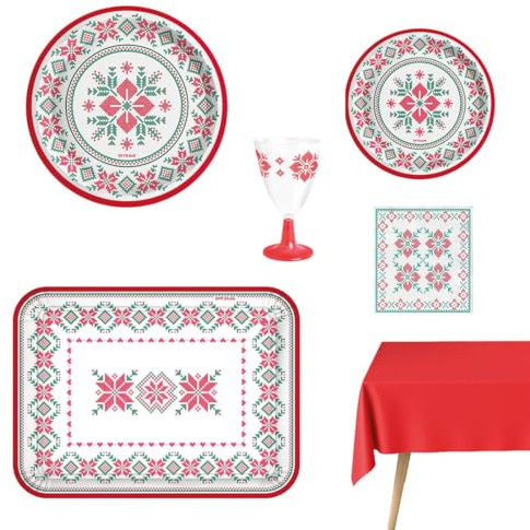 MAXI PRODUCTS - Kit 12 Personas - Decoración Navidad Nordic- Pack 68 uds - Temática Navideña - Vajillas Completas Navidad - Diseño Único