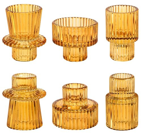 NEOEGOR Kerzenhalter aus Glas, Kegelkerzenhalter, kurz, klein, Boho, gerippt, Votivkerzenhalter, 6 Stück, Bernstein-Teelichthalter für Tischdekoration, Hochzeitsdekoration und Dinner-Party