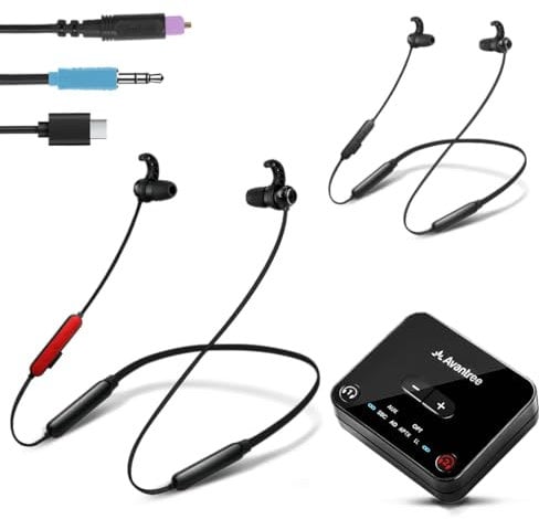 Avantree HT41866-Q - Auriculares Inalámbricos para TV (2 Unidades), Diadema de 20H con Transmisor Bluetooth, Audio óptico Digital y Auxiliar de 3.5mm, sin Retraso de Audio.