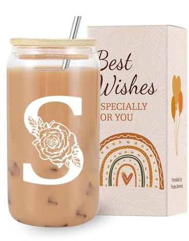 VivaJoy Tazza di vetro con iniziale – Regali monogrammati per donne, tazze di vetro con coperchio cannucce, caffè freddo, frullato di birra, bicchiere personalizzato per Natale, regalo di compleanno