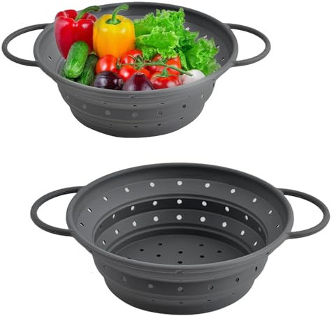 Faltbarer Seiher Sieb, Faltbares Abtropfsieb, Küchenzubehör Set, 2 Größen, für Küche und Camping, Grau (21,5 cm, 25cm)