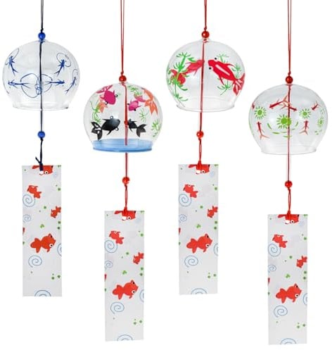 MrMrKura 4 campanelli a vento giapponesi, in vetro con pesci rossi, con etichetta, per esterni, decorativi, per interni, giardino, cortile, decorazione per la casa (pesci rossi)