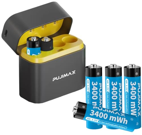 Rechargeable Lithium Batteries AA 4-Pack with Charger Box, 3400mWh High Capacity 1.5V AA Batteries, Long Lasting Rechargeable AA Li-ion Battery with 2 in 1 Charging-Storage Box