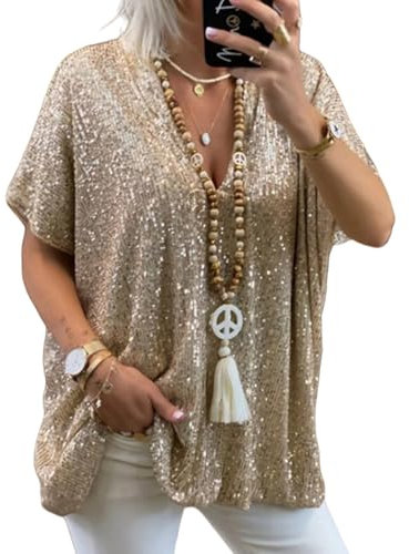 Asoodiy Damen-Pailletten-Top, glitzernd, V-Ausschnitt, kurzärmelig, Glitzer-Oberteil, Party, Club, Blusen, lockere Passform, goldfarben, XL
