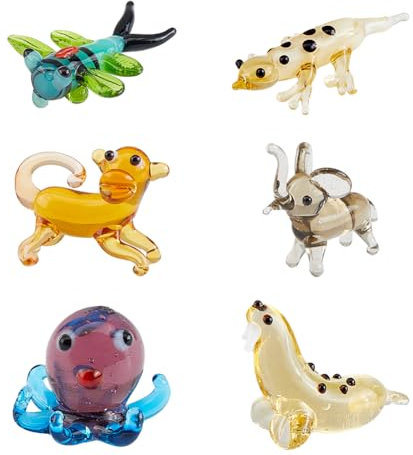 Hobbspring 6 Stile Mundgeblasene Glasfiguren Miniatur Tierdekor Aus Glas Inklusive Walross Oktopus Elefant AFFE Gecko Libelle Tierfigur Für Sammlerstücke Heimdekoration