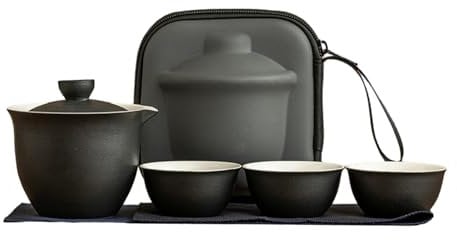 Rough pottery hand grab pot travel portable outdoor tea lid bowl - travel tea set Zen black