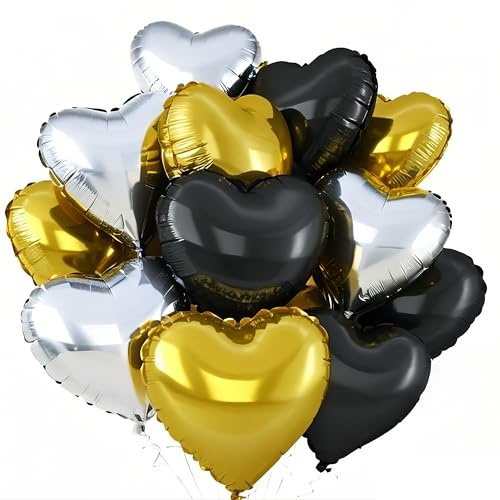 FloraVigo 27 herzförmige Luftballons, Helium ballons mit Band für Geburtstag, Hochzeit, Valentinstag, Feiertagsparty-Dekoration (Schwarz-Gold-Silber)
