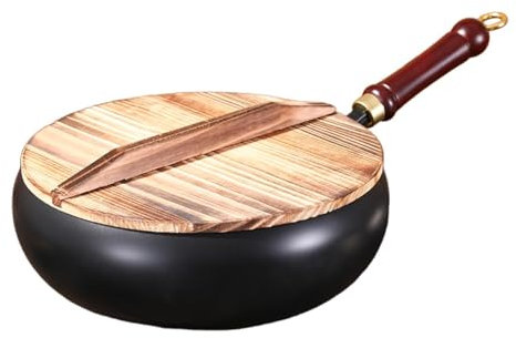 Gralara Pentola da cucina senza stick wok senza rivestimento in legno manuale di pentole multiuso forgiando padella di ferro per campeggio per la casa del, Coperchio di Legno