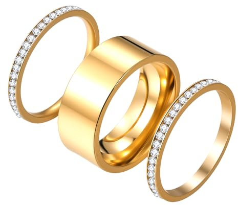 JewelryWe 3 Stück Damenringe Stapelringe Damen 14K vergoldet Edelstahl Stapelbare Ringe Fingerringe mit Zirkonia Elegant Goldringe Statement Ring Breit Schmal Schmuck Geschenk Gold/Silber