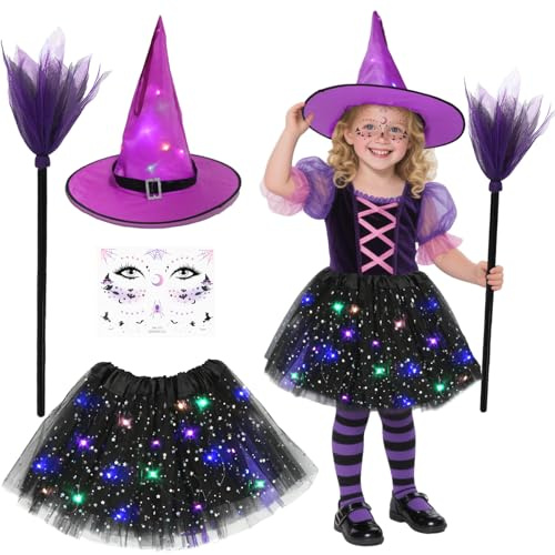Meleager Hexenkostüm Kinder, Halloween Kostüm Mädchen Hexe mit Hexenhut, Tüllrock und Besen, für Halloween, Karnevals, Cosplay