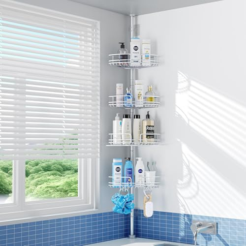 PKBD Teleskop Duschregal Höhe Einstellbar von 58,5 bis 317,5 cm, 4 Stück Duschablage Ohne Bohren Ecke, Badezimmer Regal Zubehör, Bathroom Organizer, Teleskopregal Bad Regal, Grau